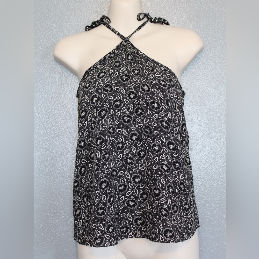 Rebecca Taylor Black White Floral Silk Double Tie Halter Top Blouse 2